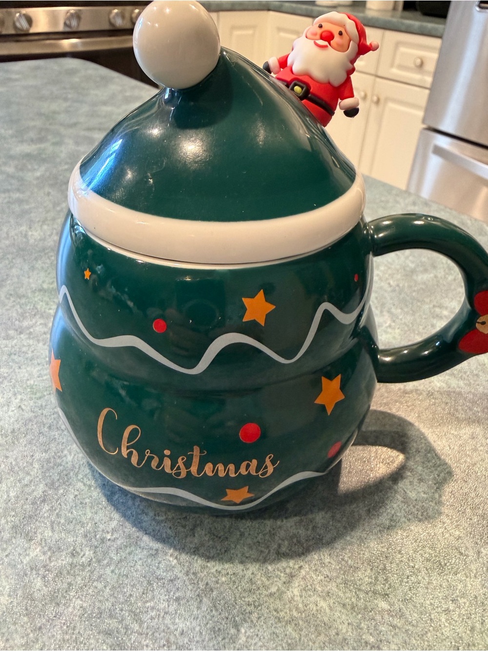 Christmas Tree Ceramic Holiday Mug with Santa Lid - Green